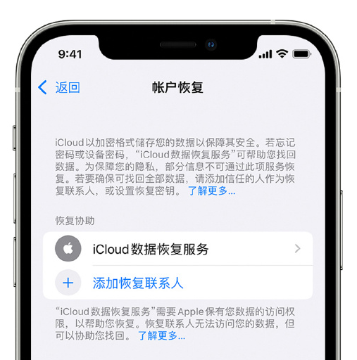 定远苹果手机维修分享在 iPhone 上设置帐户恢复联系人的方法 