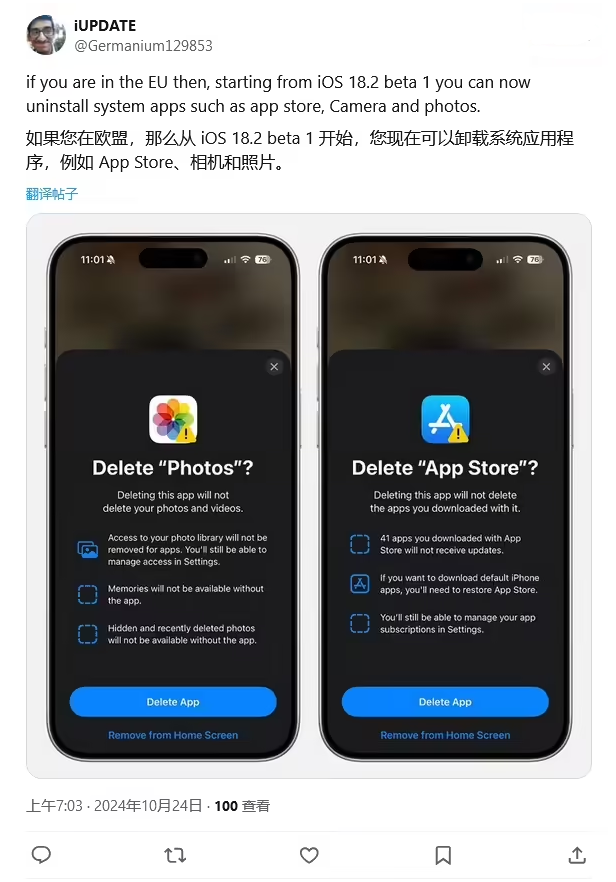 定远苹果手机维修分享iOS 18.2 支持删除 App Store 应用商店 