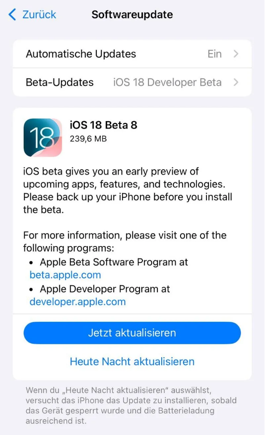 定远苹果手机维修分享苹果 iOS / iPadOS 18 开发者预览版 Beta 8 发布 